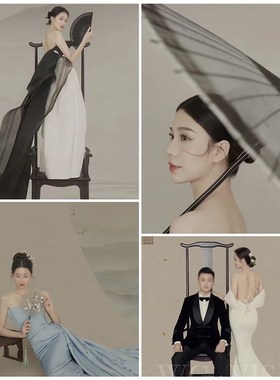 新中式写真古装中式古典道具黑色水墨画伞中国风高背椅扇工笔画桌