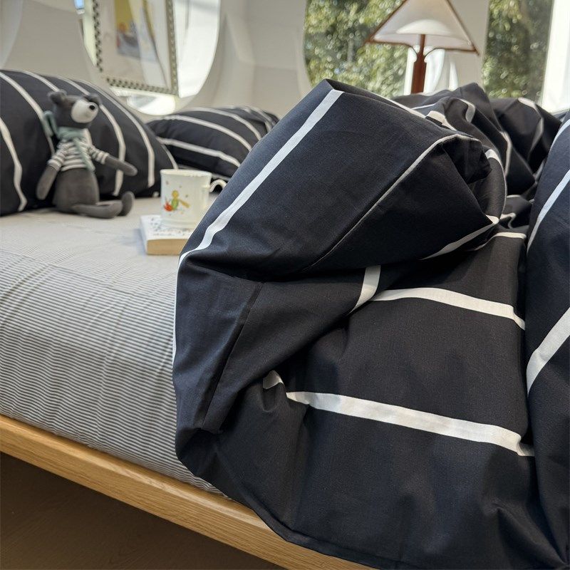 北欧风黑白条纹简约床上全棉四件套纯棉1.5m1.8米被套床单三件套