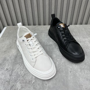 厂家处理真皮男鞋2024新款青年时尚平底圆头牛皮松紧带低帮男板鞋
