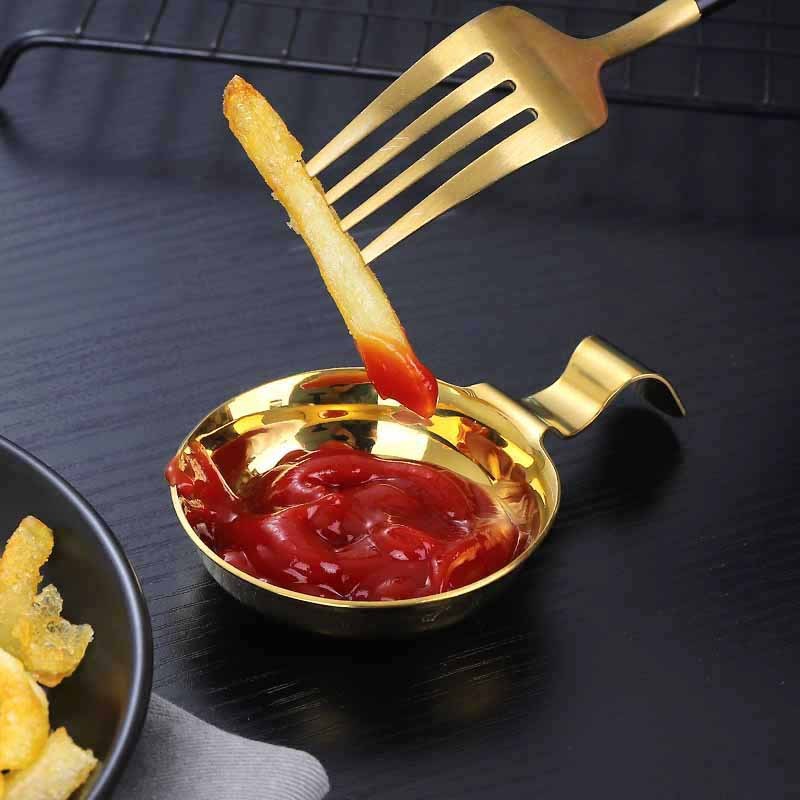 304不锈钢勺筷一体酱料托韩式烤肉碟家用金色调味料蘸料小碟子
