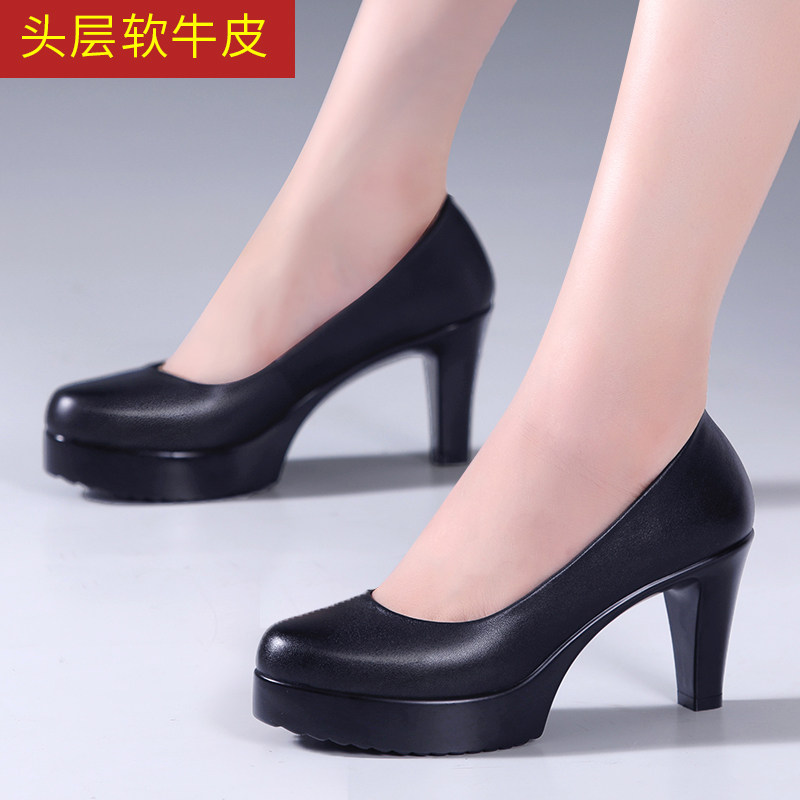 秋季软牛皮细跟时尚圆头包鞋旗袍走秀中跟女浅口舒适真皮工作鞋子图片