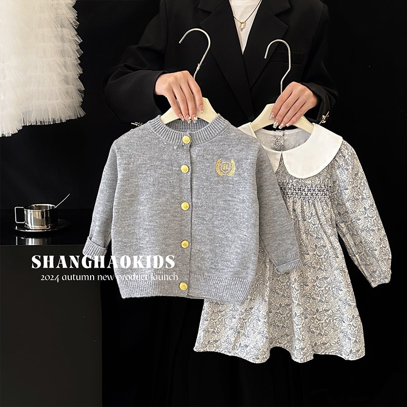 韩国童装女童连衣裙套装春秋季洋气毛衣针织开衫儿童森系碎花裙子