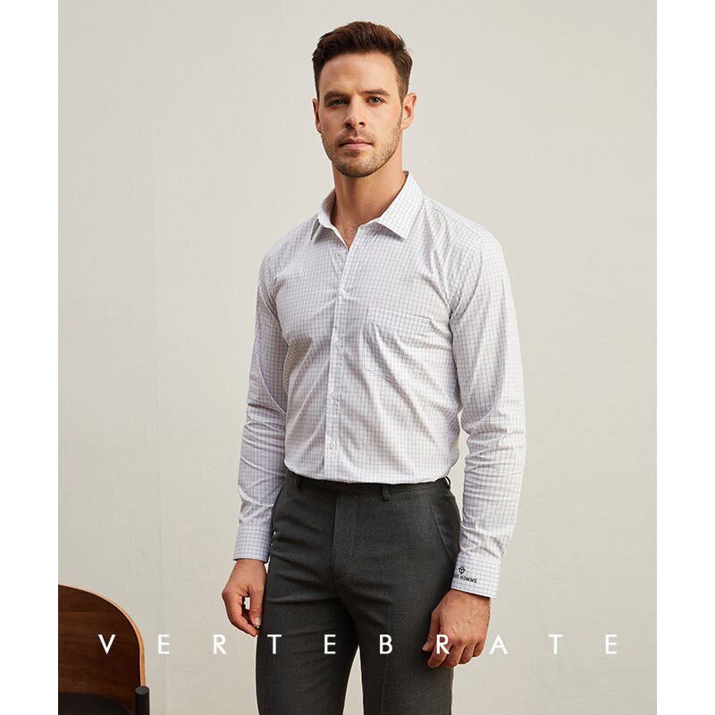 脊椎动物男装含棉蓝白小格子长袖修身衬衫袖口刺绣轻商务衬衣男士