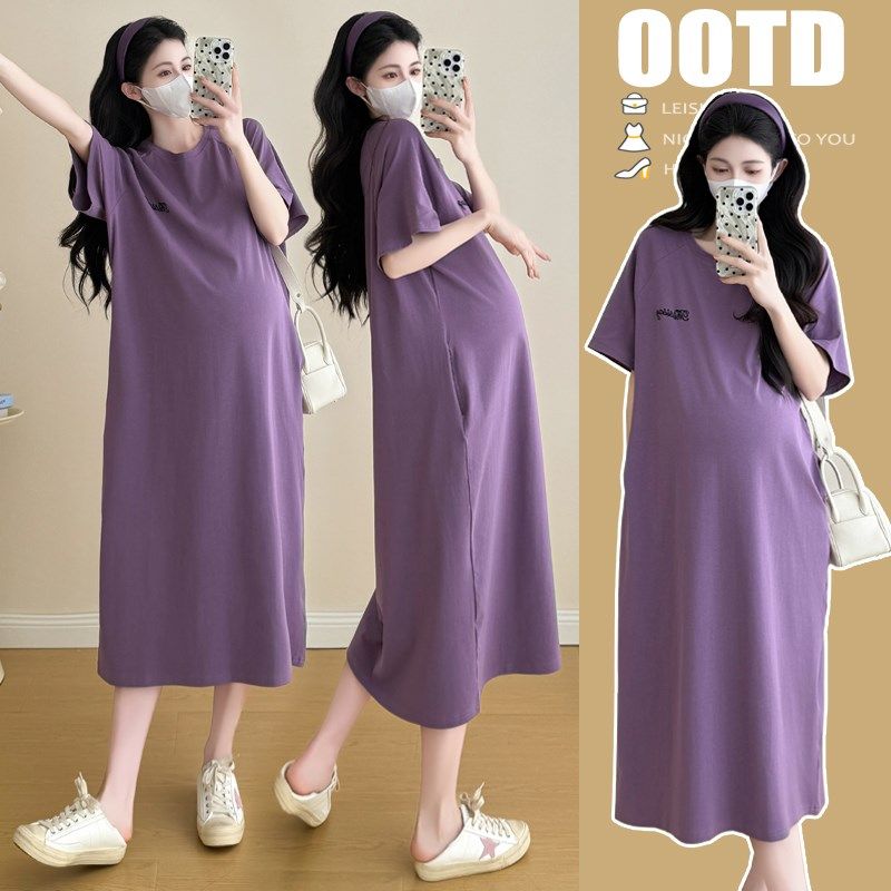 大码孕妇连衣裙夏季时尚过膝长款短袖T恤裙休闲宽松减龄显瘦200斤