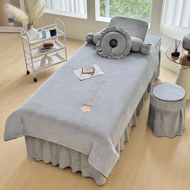 高档美容床罩四件套秋冬季加绒加厚牛奶绒床套美容院按摩推拿专用