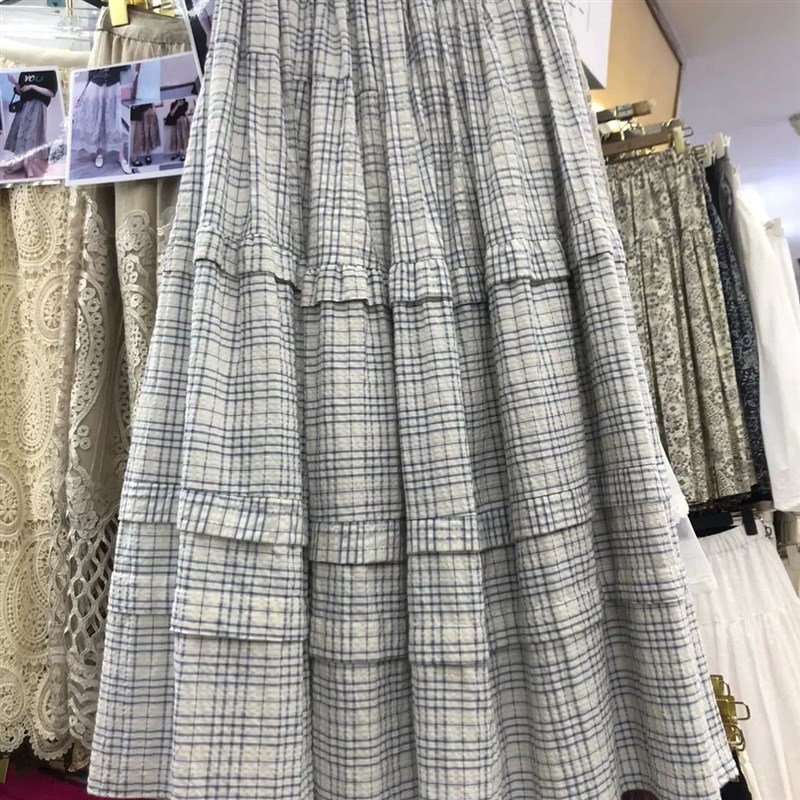 复古学生日系蓝白格子半身裙女夏季高腰显瘦松紧腰A字大摆中长裙