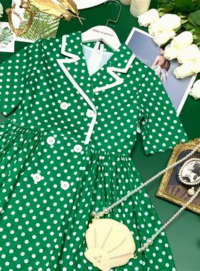 童装女童夏装连衣裙短袖纯棉波点绿色复古裙子英伦风双排扣蓬蓬裙
