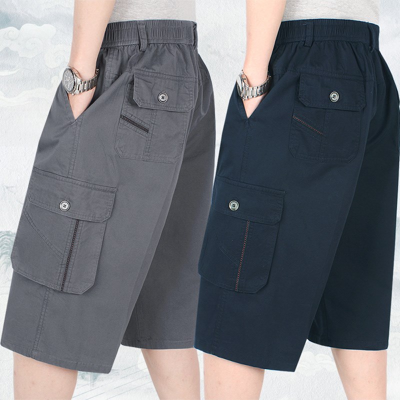纯棉宽松多口袋七分裤爸爸夏天大码短裤中老年男士松紧腰裤子透气