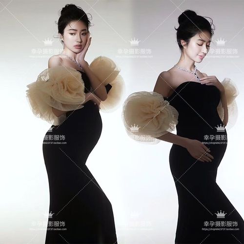 孕妇照服装黑色修身丝绒高定礼服影楼新款孕妈简约复古孕妇照衣服