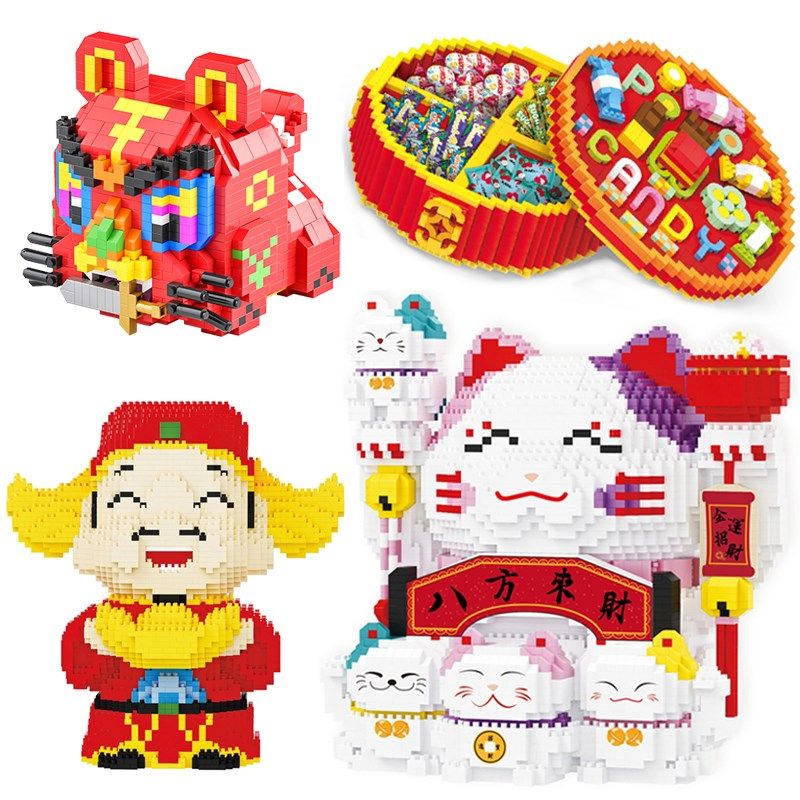 摆件积木小颗粒招财猫财神爷存钱罐成人高难度中国风玩具虎年拼图