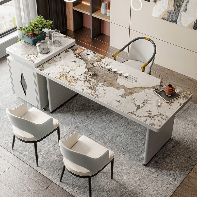 轻奢岩板岛台餐桌茶桌一体现代办公书桌简约家用可移动餐桌椅组合
