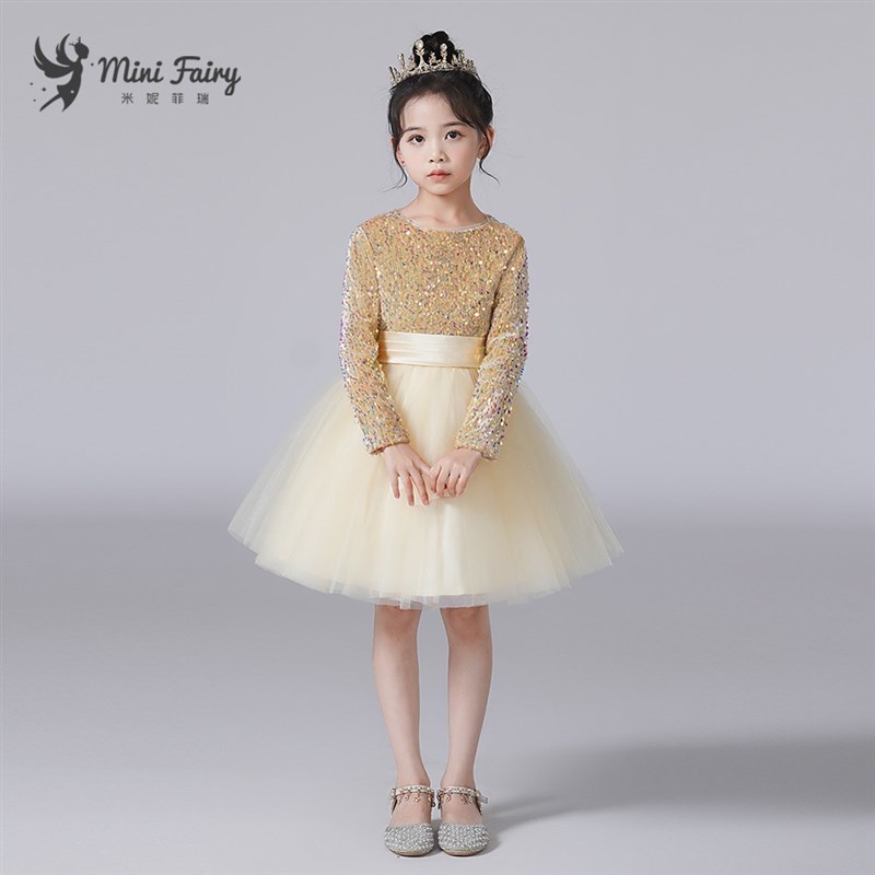 新款女童香槟亮片网纱蓬蓬裙儿童钢琴演出服秋冬长袖元旦主持表演