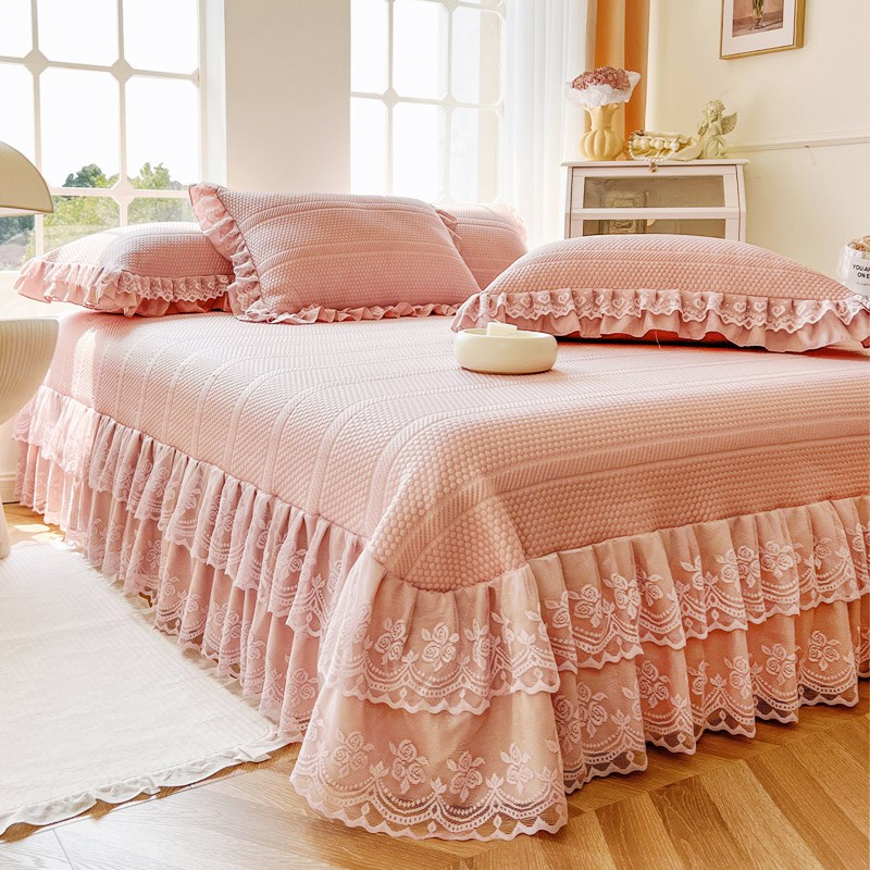 法式公主风床裙冰丝凉席三件套PE凉感纤维冰豆豆蕾丝床盖可机洗