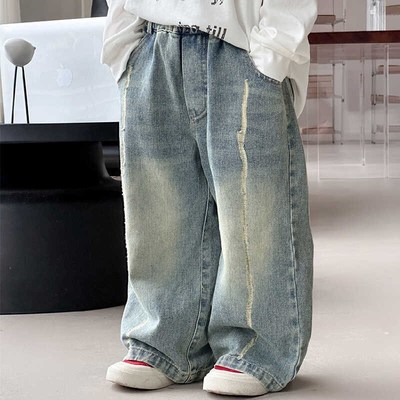软~男童破洞牛仔裤直筒裤春秋款儿童百搭长裤女童洋气裤子男孩潮
