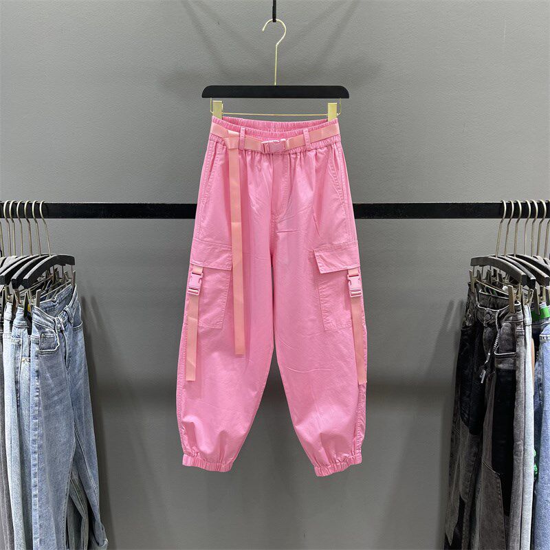 糖果色薄款工装裤女2025夏季新款松紧腰宽松休闲裤九分束脚哈伦裤