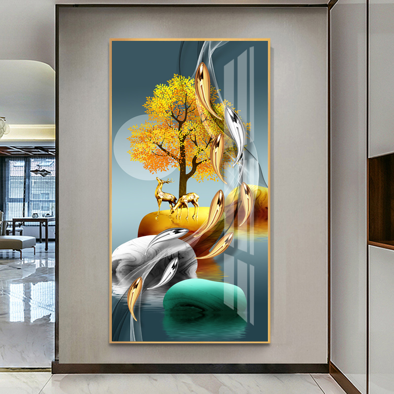 玄关装饰画现h代简约走廊过道竖版壁画北欧入户轻奢晶瓷挂画九鱼图片