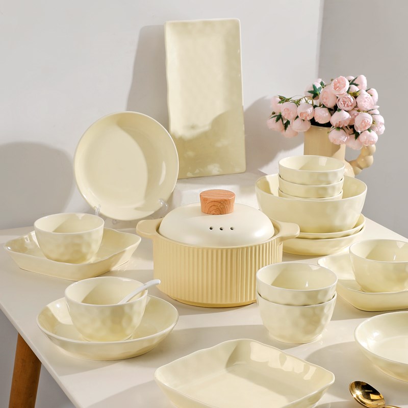 碗碟套装家用实用砂锅奶白色高颜值陶瓷饭碗菜盘子明火砂锅组合装