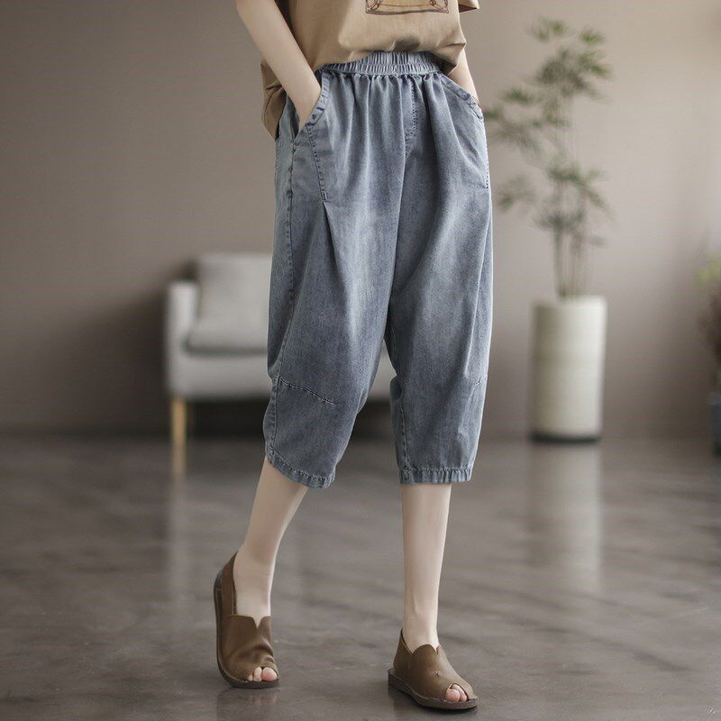 休闲文艺浅色七分牛仔裤女2024年夏季薄款大码宽松复古做旧哈伦裤