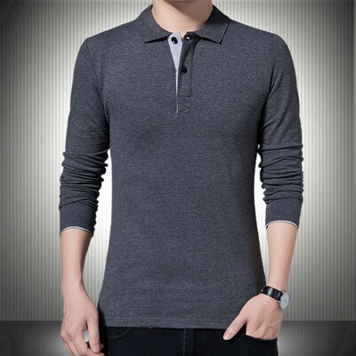 男装加大码带领长袖t恤简约纯棉外套商务翻领上衣秋装内搭打底衫