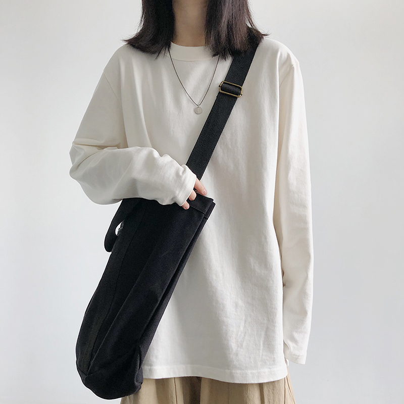 白色长袖T恤女士秋冬加绒加厚简约宽松内搭圆领纯棉中长款打底衫