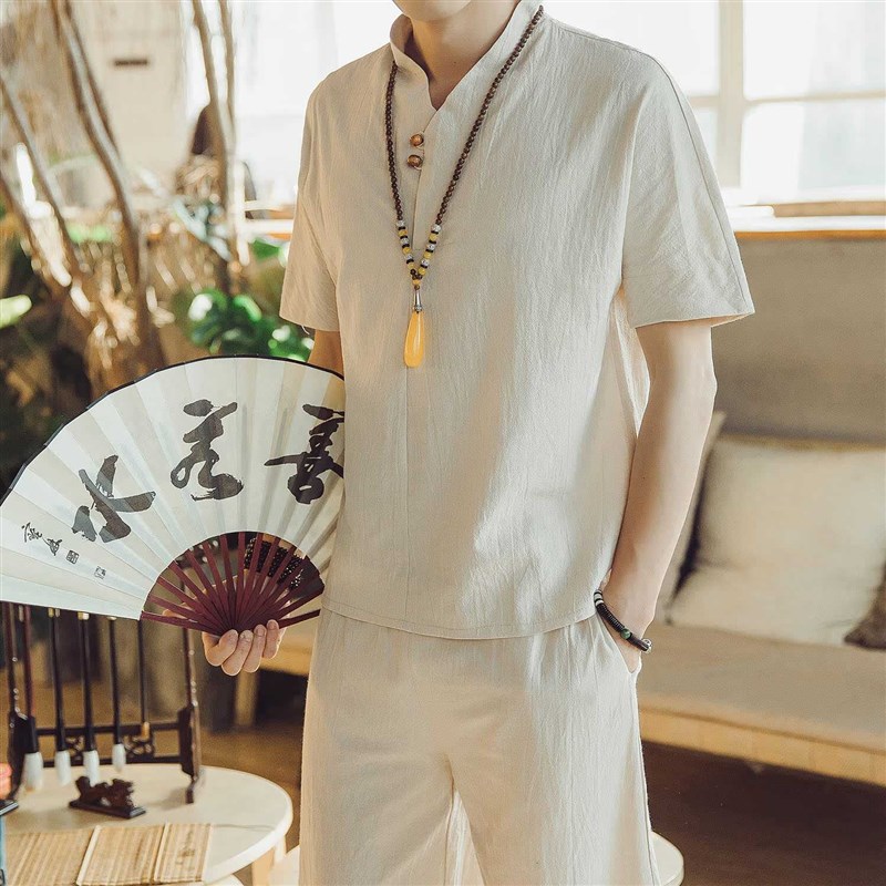 棉麻睡衣男士夏季薄款新中式复古唐装高级感亚麻家居服套装可外穿