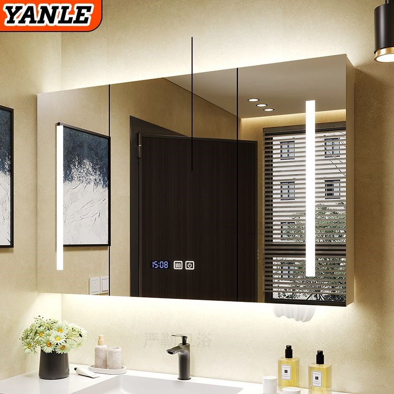 实木智能浴室镜柜带灯除雾卫生间浴室镜挂墙式洗手间镜子带置物架