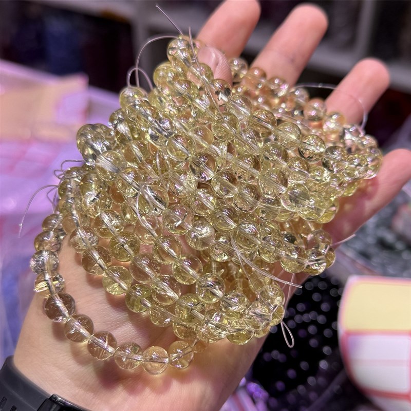 高冰透天然黄水晶手链女款简约柠檬黄水晶手串碎冰冰七彩生日礼物