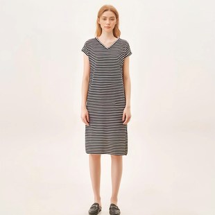 开叉大码 条纹纯棉宽松v领a字直筒t恤连衣裙女夏季 针织棉绸中长款