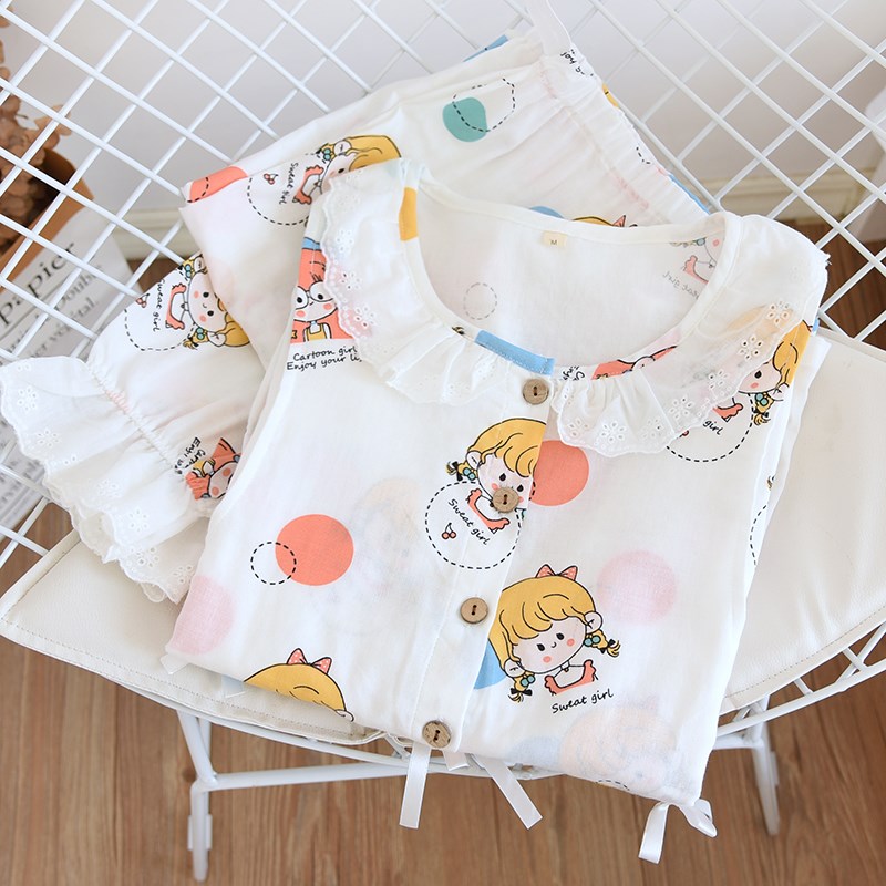 春夏薄款月子服公主风纯棉双层纱布产后哺乳可爱孕妇睡衣棉纱哺乳