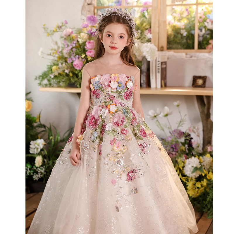 女童礼服高端法式森系花朵小主持人走秀钢琴演出服生日花童公主裙