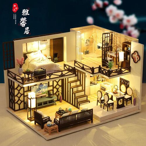 diy手工模型拼装小屋礼物房子玩具生日建筑风小别墅中国阁楼制作