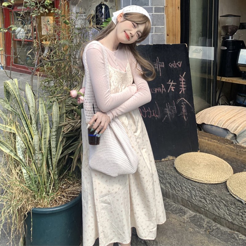 大码女装2025早春胖mm韩版粉色针织内搭+宽松碎花吊带连衣裙套装
