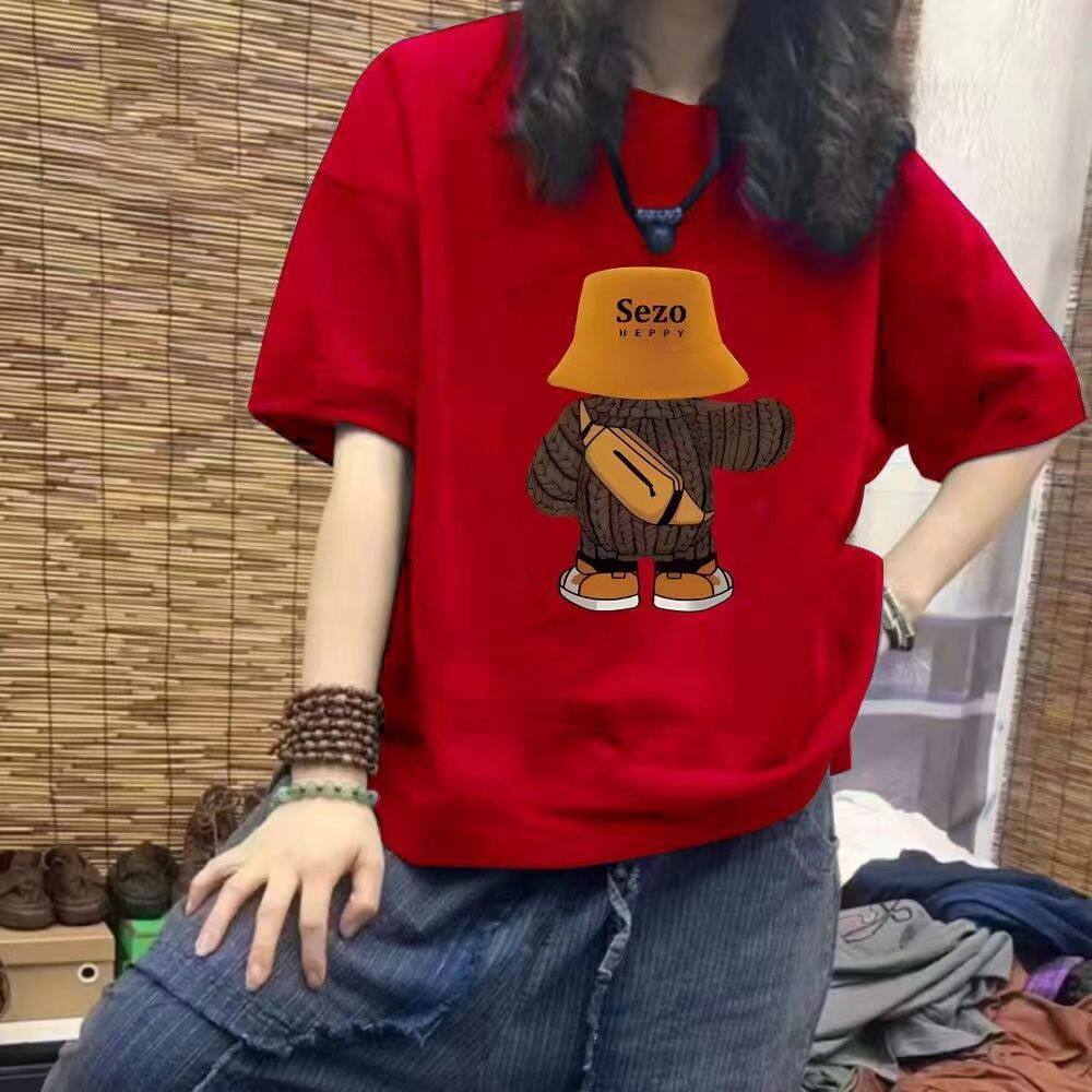 红色纯棉短袖T恤女新款秋季胖mm七分袖大码欧货小衫中长款上衣