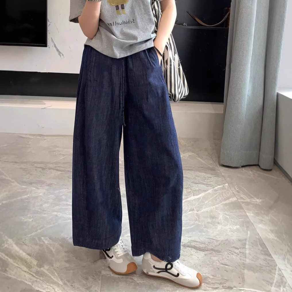 今年流行深蓝色亚麻阔腿裤女夏季薄款宽松显瘦松弛感直筒裤子