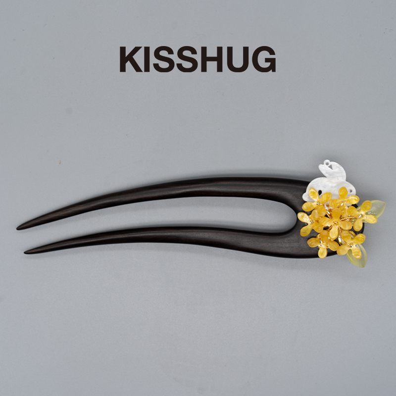 赵丽颖同款U型发钗手工缠花玉兔桂花发簪新中式古风黑檀木簪子