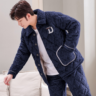 男士珊瑚绒睡衣加厚加绒夹棉