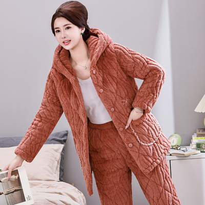 连帽妈妈睡衣三层加厚珊瑚绒夹棉