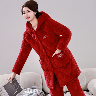 加长款连帽睡衣女秋冬季加厚加绒珊瑚绒夹棉中老年妈妈保暖家居服