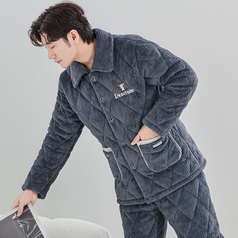 2025新款冬季男士睡衣冬款加厚加绒珊瑚绒三层夹棉袄秋冬天家居服