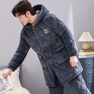 加长款连帽睡衣男士秋冬季三层加厚珊瑚绒夹棉保暖加绒家居服套装