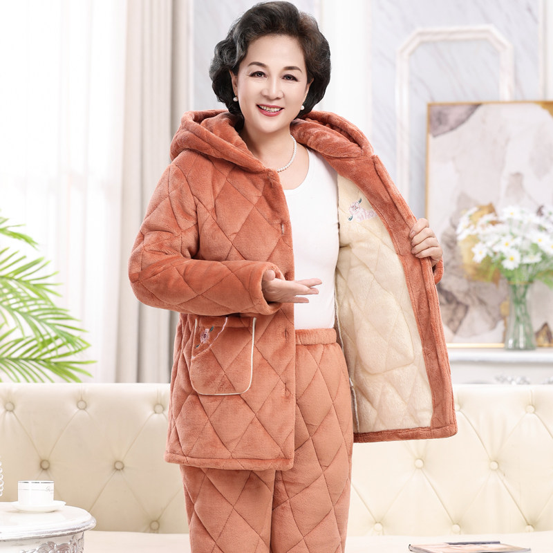 妈妈秋冬季睡衣女三层加厚加绒珊瑚绒夹棉中老年人保暖家居服奶奶,女士内衣/男士内衣/家居服,睡衣/家居服套装,淘宝优惠券,粉丝福利购,淘宝优惠卷