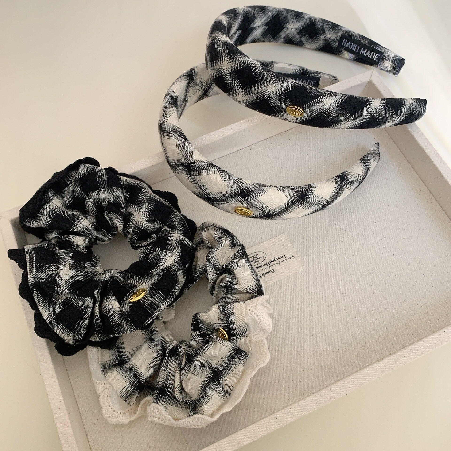 黑白格花边蕾丝发圈大肠圈蝴蝶结发夹发饰格纹发箍皮筋头绳女新款