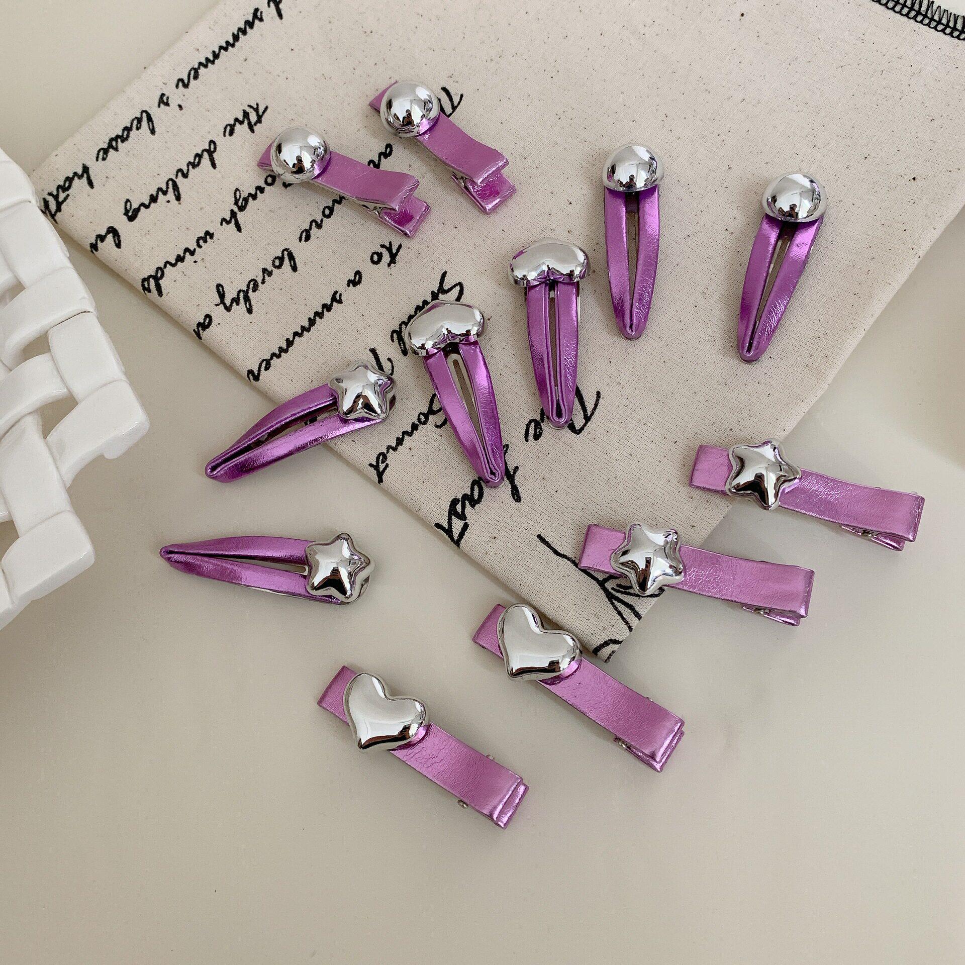 韩版甜美紫色系皮质蝴蝶结发夹银色星星少女边夹发卡韩系儿童发饰