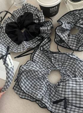 黑白色调格纹花边蝴蝶结大肠圈方巾发圈少女百搭发箍发夹发饰头饰