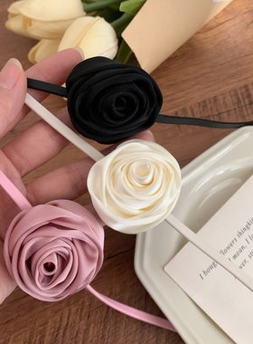 玫瑰花颈链choker项圈丝带吊坠绑发法式复古夏季带锁骨链项链