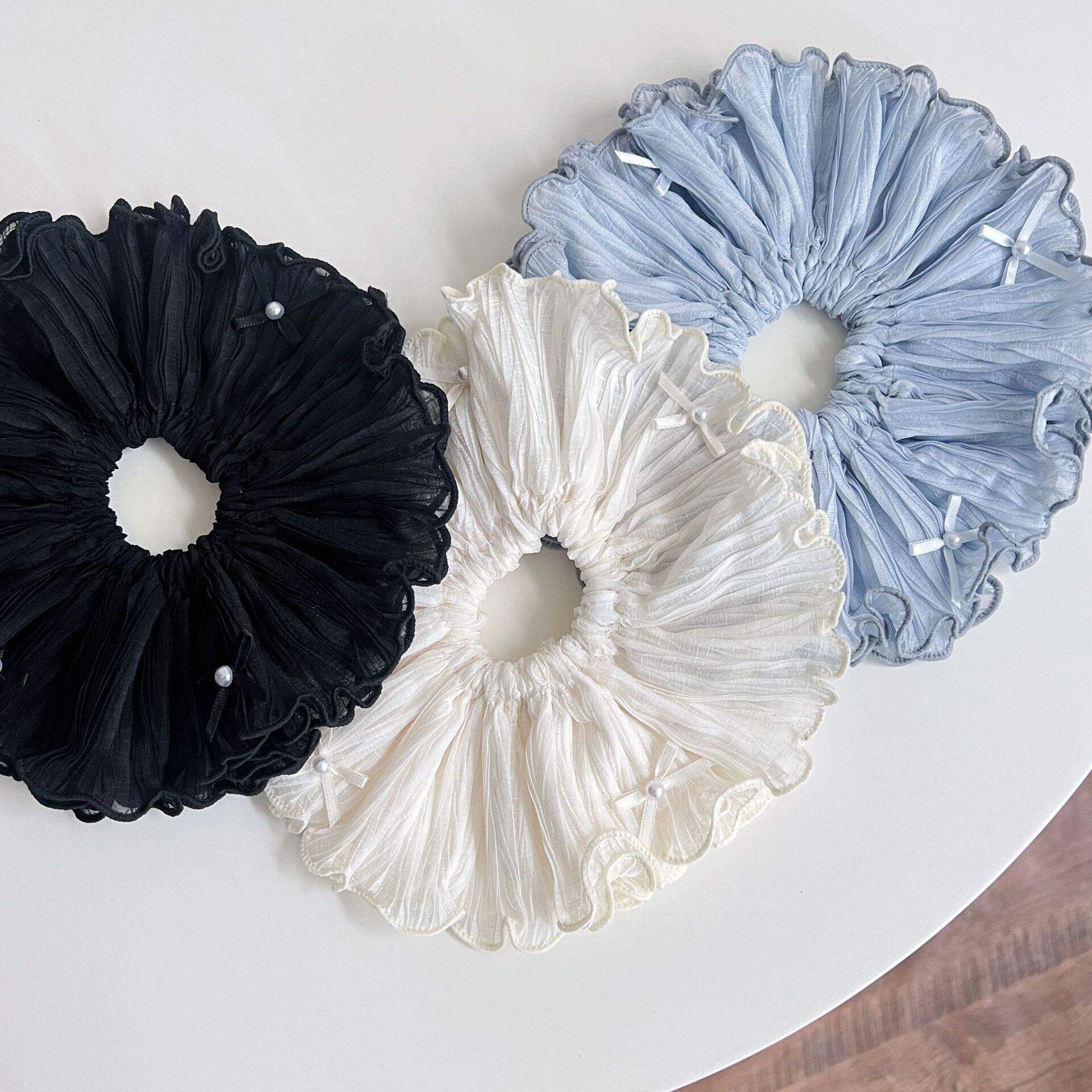 褶皱布艺珍珠蝴蝶结双层超大发圈清新甜美木耳边扎马尾发饰新款