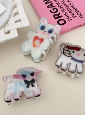 新款小众卡通小猫抓夹羊咩咩动物亚克力发夹后脑勺鲨鱼夹女孩发饰