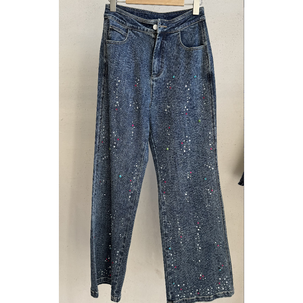 【添添kindiy】CHICHY百搭高腰烫钻秋季牛仔直筒裤CW6J001254