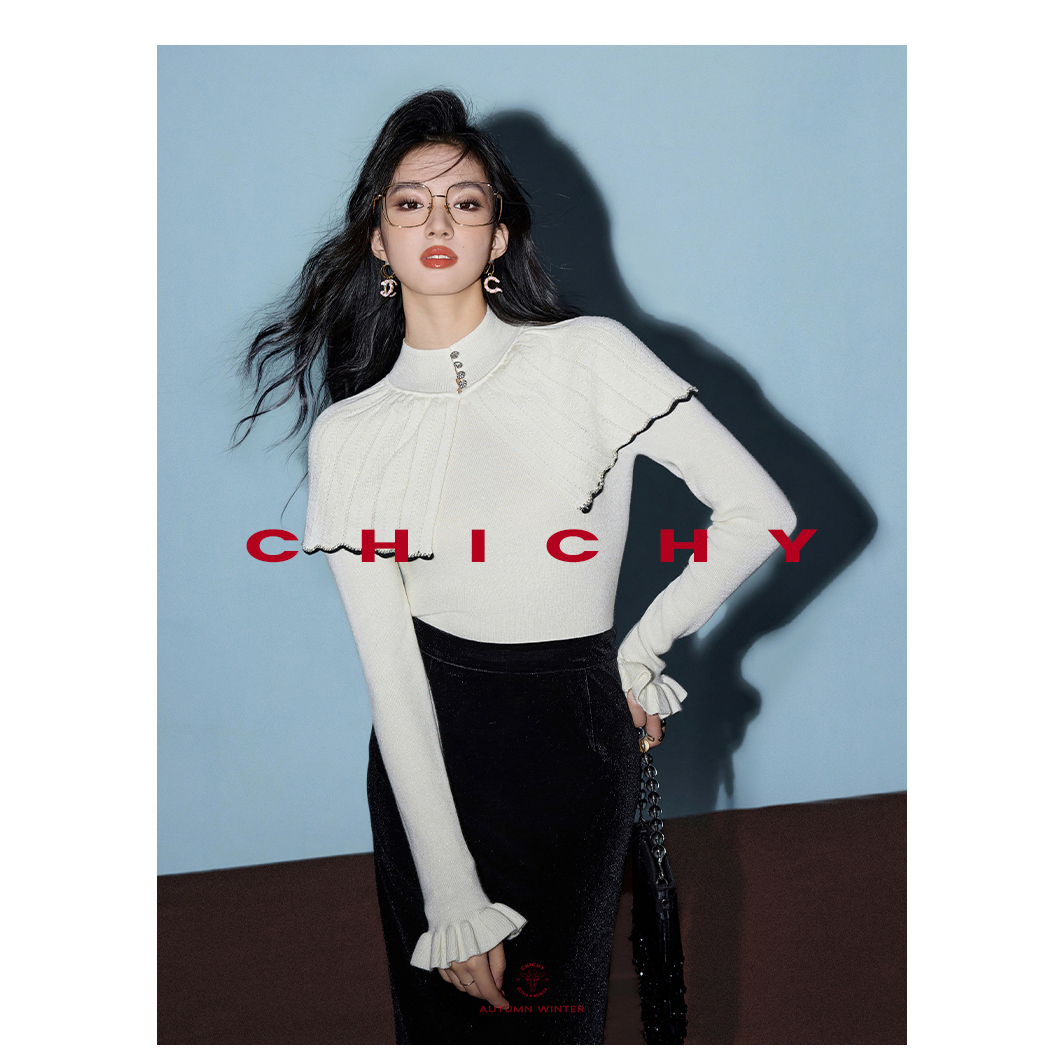 CHICHY披肩半高领毛针织衫修身上衣CW0D002244