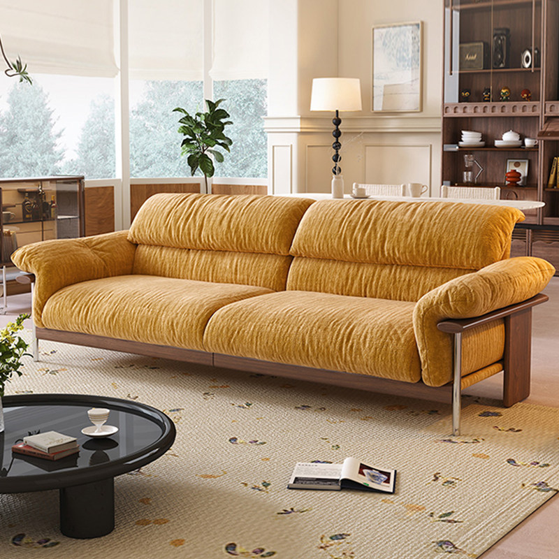 政府补贴jo沙发黑胡桃木实木客厅中古风直排雪尼尔可拆洗布艺沙发